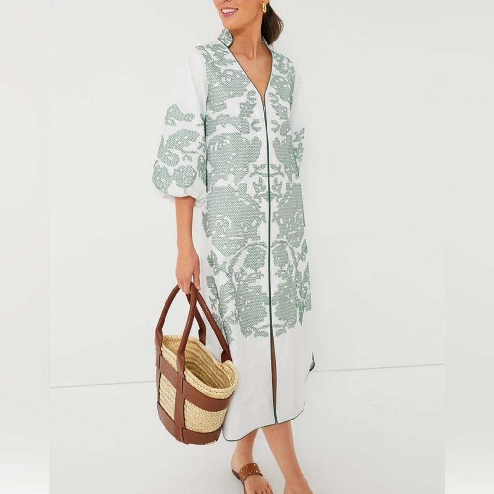 Tuckernuck White Maxi Dress with Sage Floral Embroidery